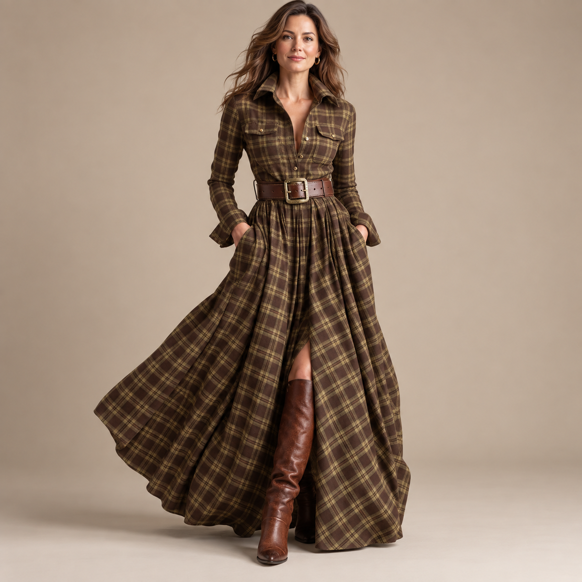 Vintage Plaid Button-Front Maxi Dress – Belt Included