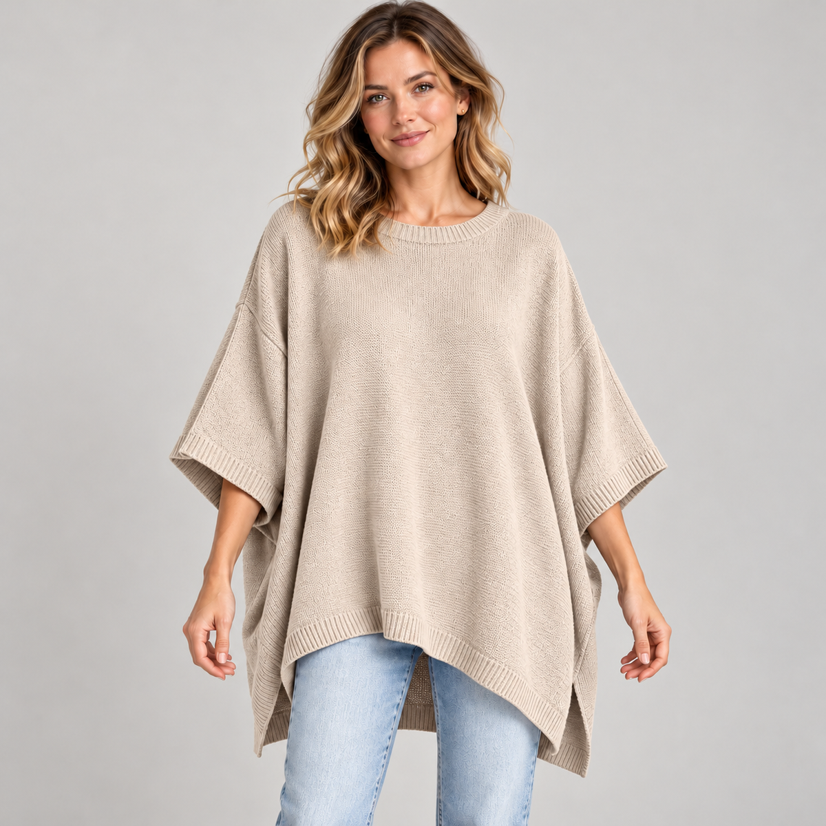 Everyday Relaxed Batwing Knit Sweater - Round Neck Oversized Pullover