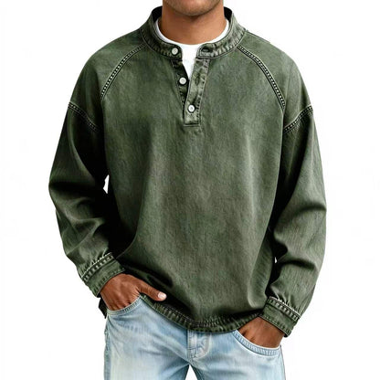 Vintage Wash Henley Sweatshirt | Casual Loose Fit Long Sleeve Top