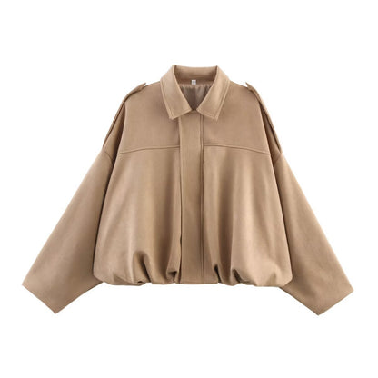 🍂 Women's Vintage Faux Suede Jacket – Oversized Cropped Fit & Zip Front