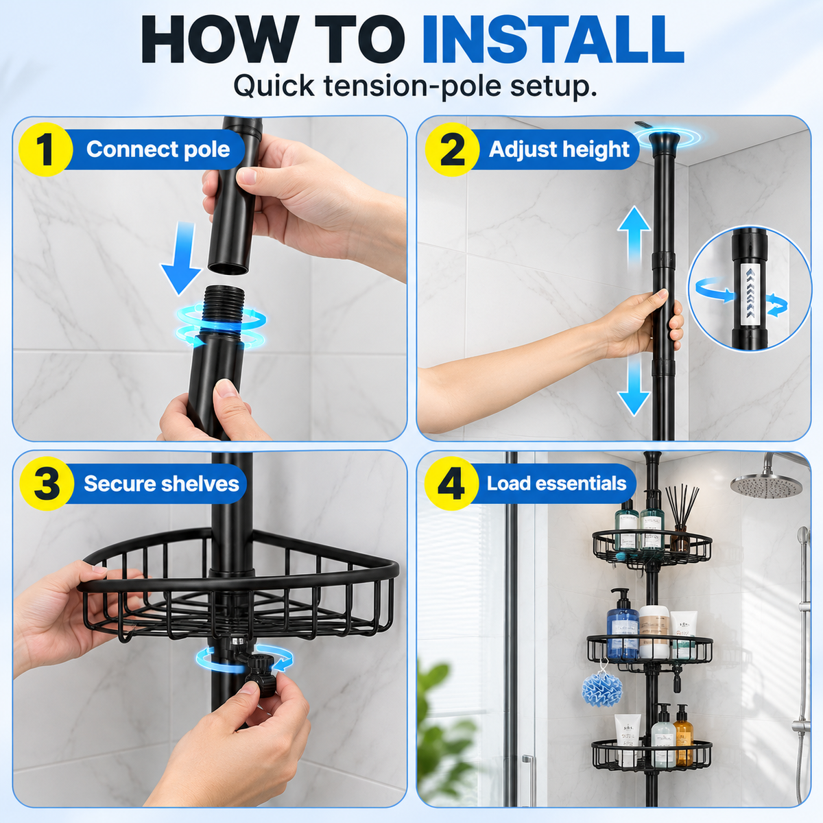 4-Tier Adjustable Corner Shower Caddy with Hooks