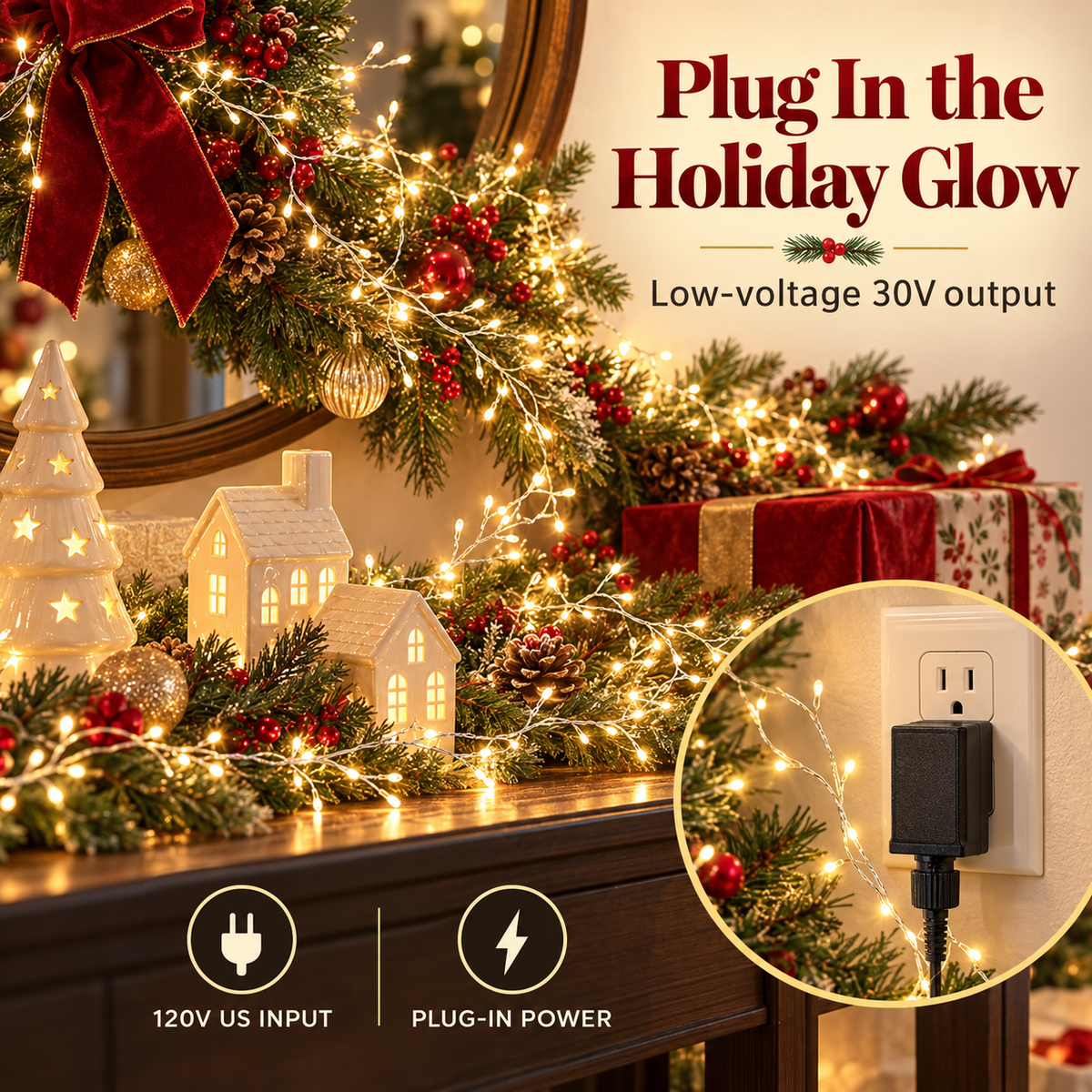 Warm White Christmas String Lights – 8 Modes, Remote & Timer
