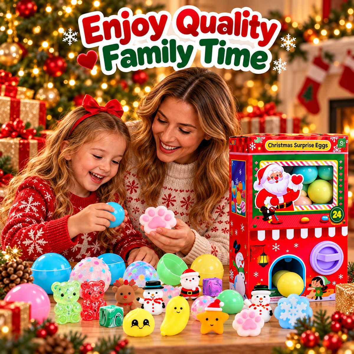 Mother and daughter discovering colorful Christmas squishy toys around surprise egg machine