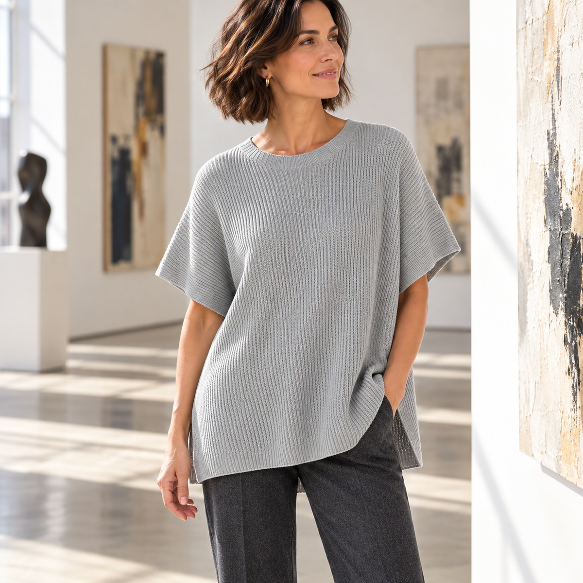 Women's Casual Oversized Solid Cotton Knit Pullover Top
