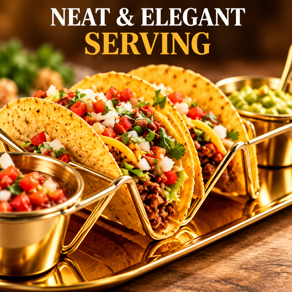 6-Piece Set Gold Taco Holder & Serving Set with Sauce Cups