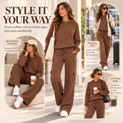 Women’s Soft Hooded Lounge Set with Wide-Leg Cargo Pants & Pockets