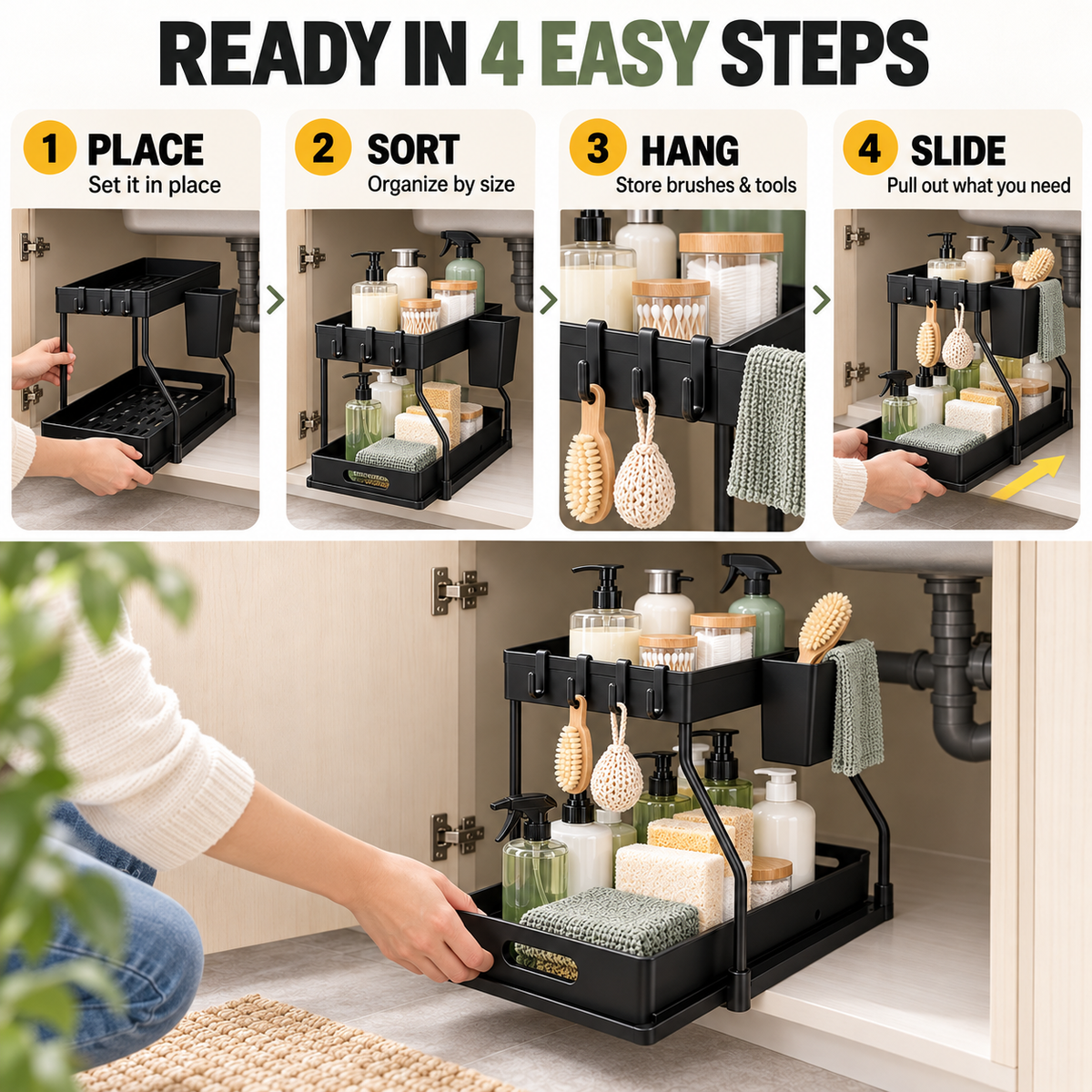 2-Tier Pull-Out Under-Sink Organizer with Hooks &amp; Side Basket