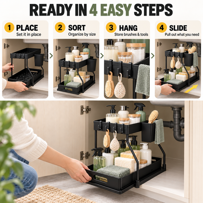 2-Tier Pull-Out Under-Sink Organizer with Hooks &amp; Side Basket