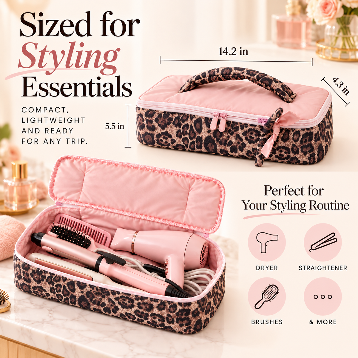 🐆Leopard Print Hair Tool Organizer Bag – Spacious, Padded & Travel-Friendly💕