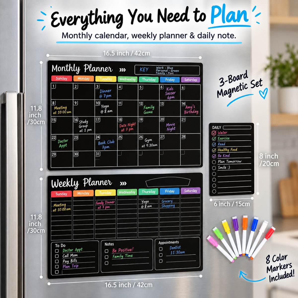 📅 Black Magnetic Dry Erase Boards Set of 3 | Ultimate Fridge Organizer & Planner ✨