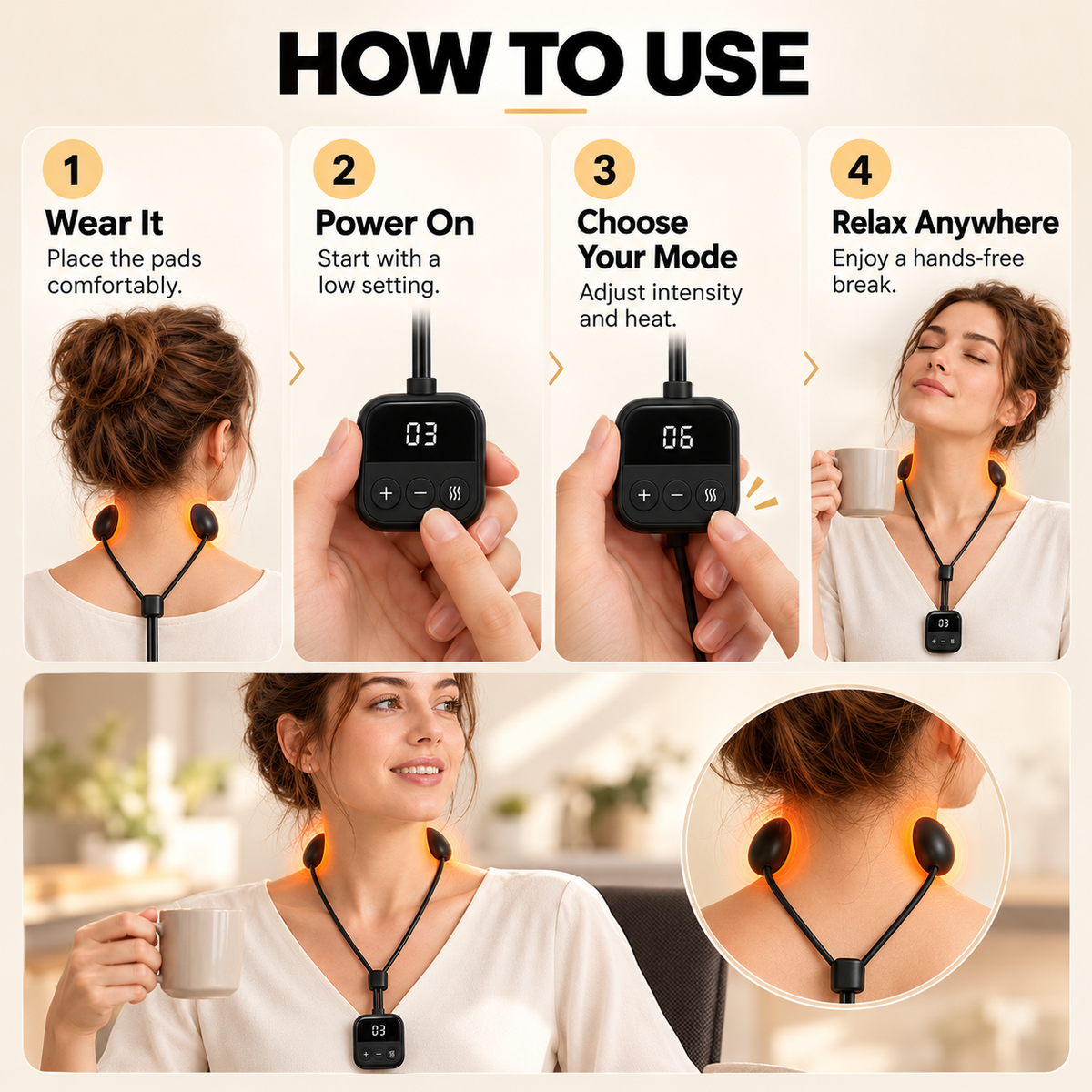 Wearable Neck Massager with Heat – 4 Massage Modes, 9 Intensity Levels & Up to 15-Day Battery Life