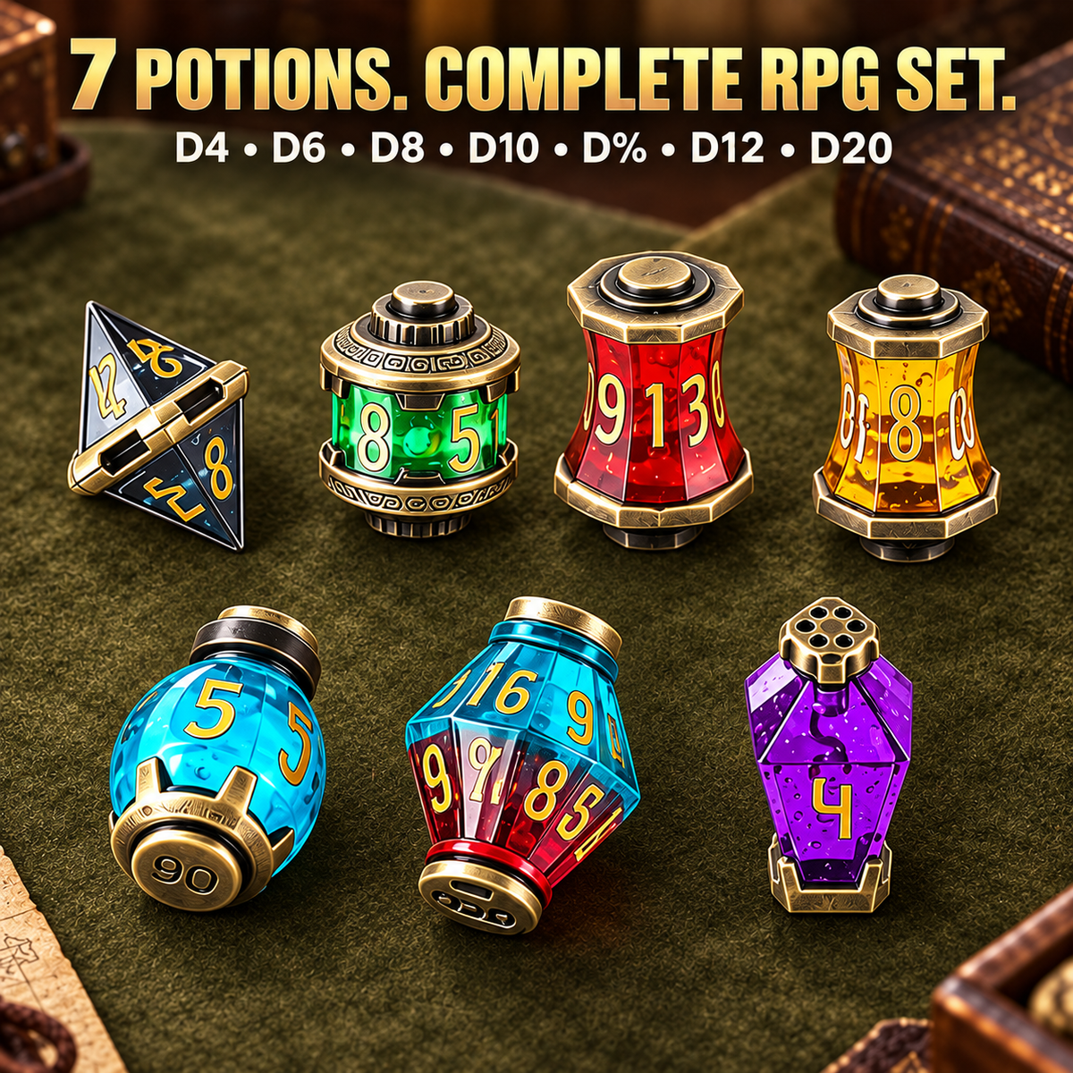 Alchemist’s Metallic Elixir DND Dice Set with Spinning Chalice & Liquid-Core Potion Dice