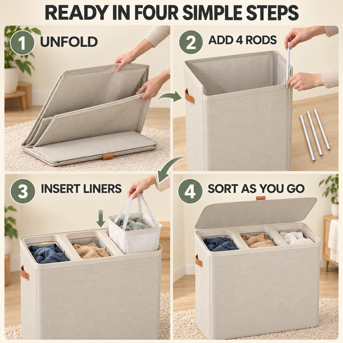 Large 3-Compartment Laundry Sorter with Lid