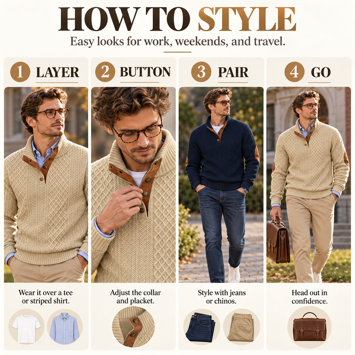 Men's Jacquard Stand Collar Pullover Sweater