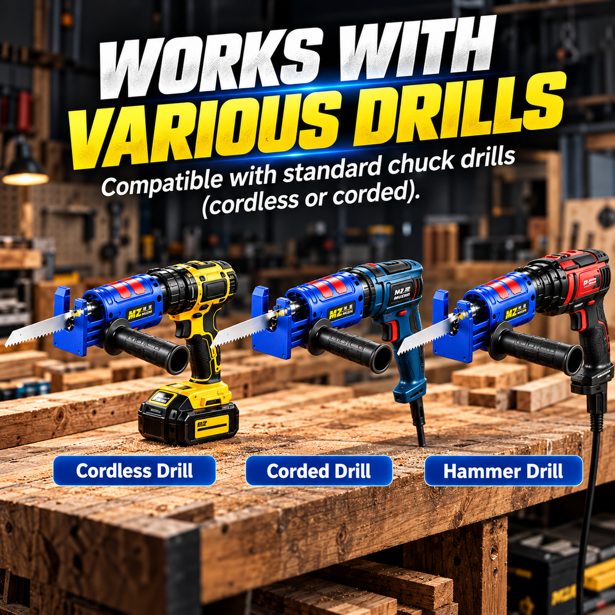Illustrated drill saw adapter paired with cordless and corded drill types