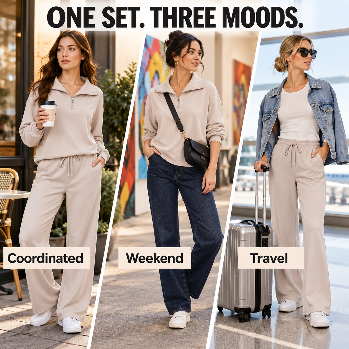 Women’s Half-Zip Two-Piece Sweatsuit – Wide-Leg Lounge Set