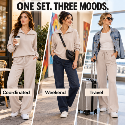 Women’s Half-Zip Two-Piece Sweatsuit – Wide-Leg Lounge Set