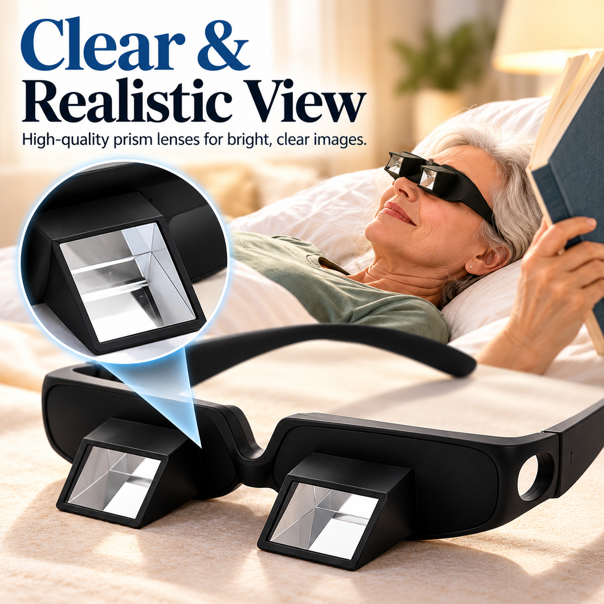 Detailed view of black prism glasses showing two angled transparent prism viewing modules