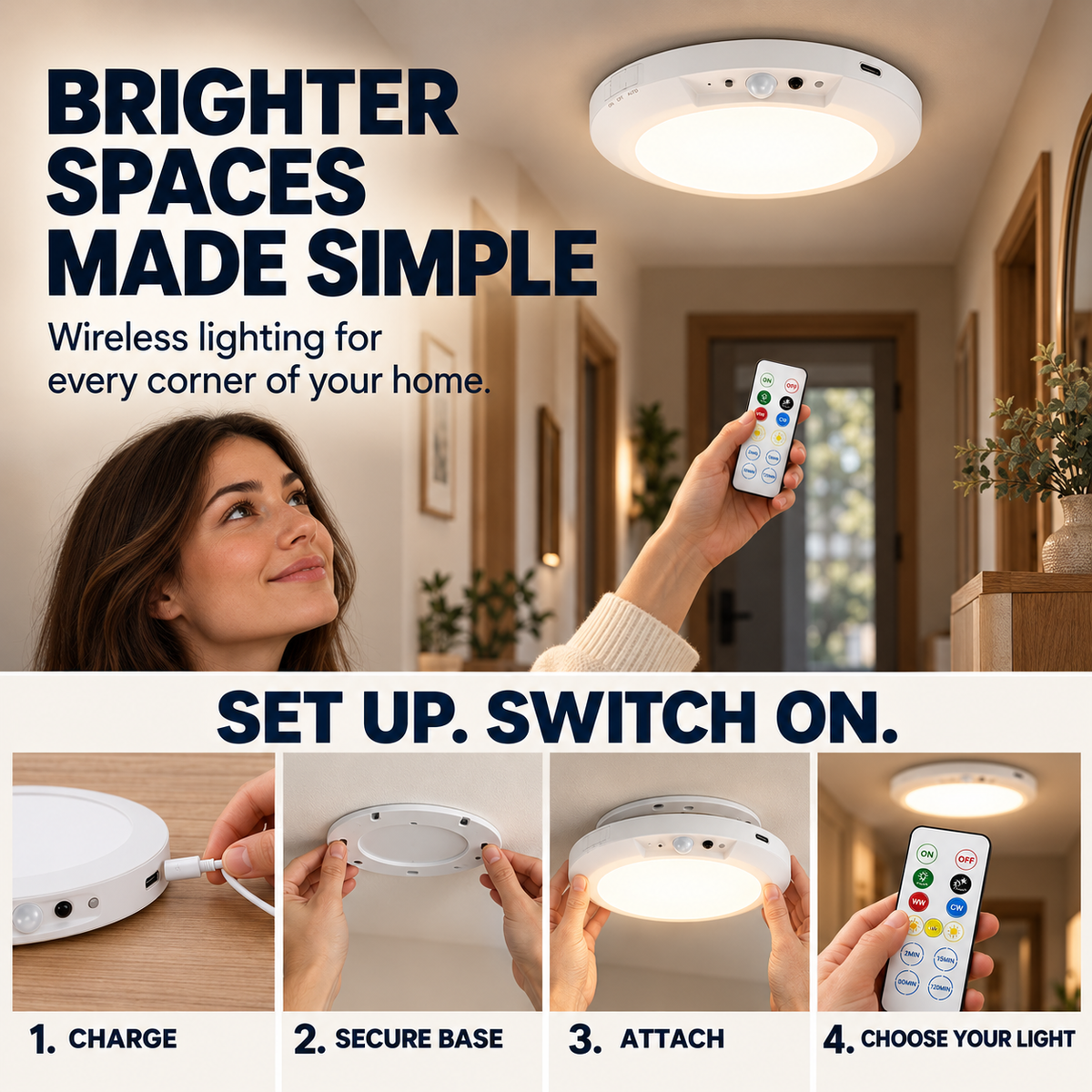 Rechargeable Motion Sensor Ceiling Lamp - Magnetic Ceiling Mount, Remote-Controlled
