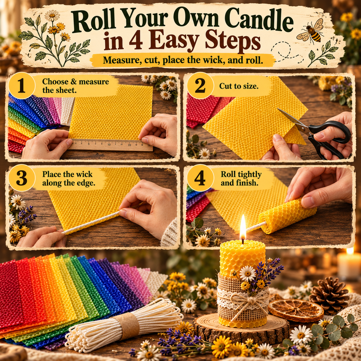 DIY Natural Beeswax Candle Making Kit – 12 Colorful Wax Sheets + 12 Wicks, Easy Handmade Gifts