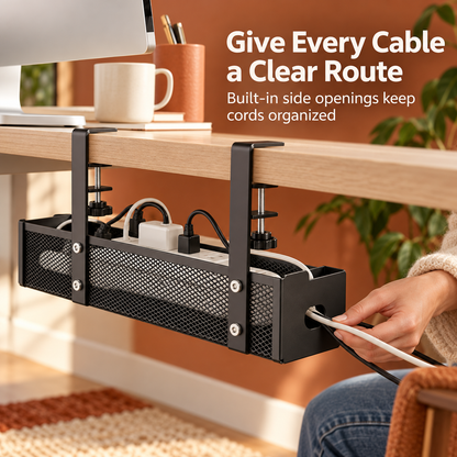 Under-Desk Cable Management Tray – No-Drill Clamp Organizer for Desks Up to 2" Thick