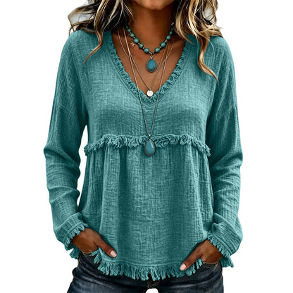 Bohemian Charm Fringe V-Neck Pullover — Effortless Elegance