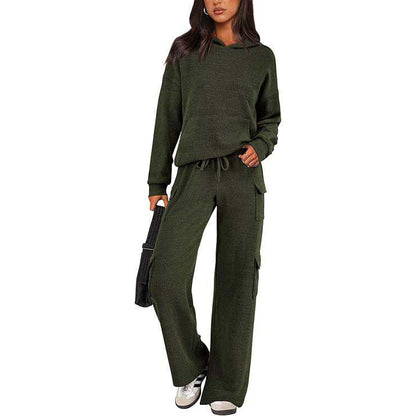 Women’s Soft Hooded Lounge Set with Wide-Leg Cargo Pants & Pockets