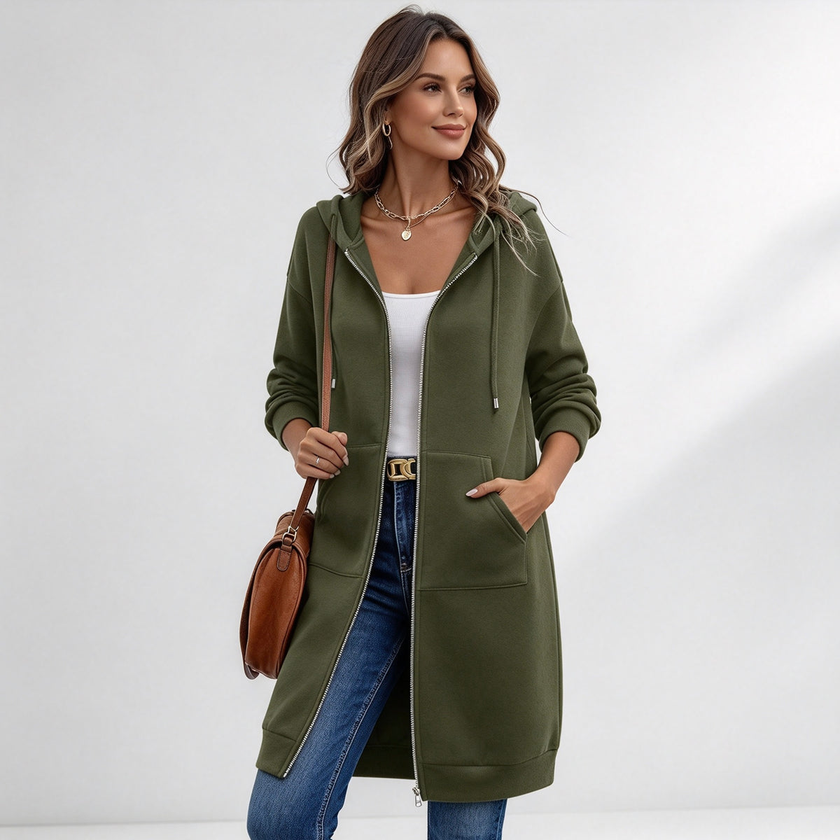 Women's Long Zip-Up Fleece Hoodie – Casual Oversized Full-Zip Outerwear with Pockets