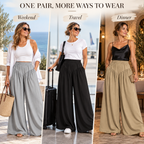 High Waist Wide Leg Casual Pants with Pockets & Elastic Waist