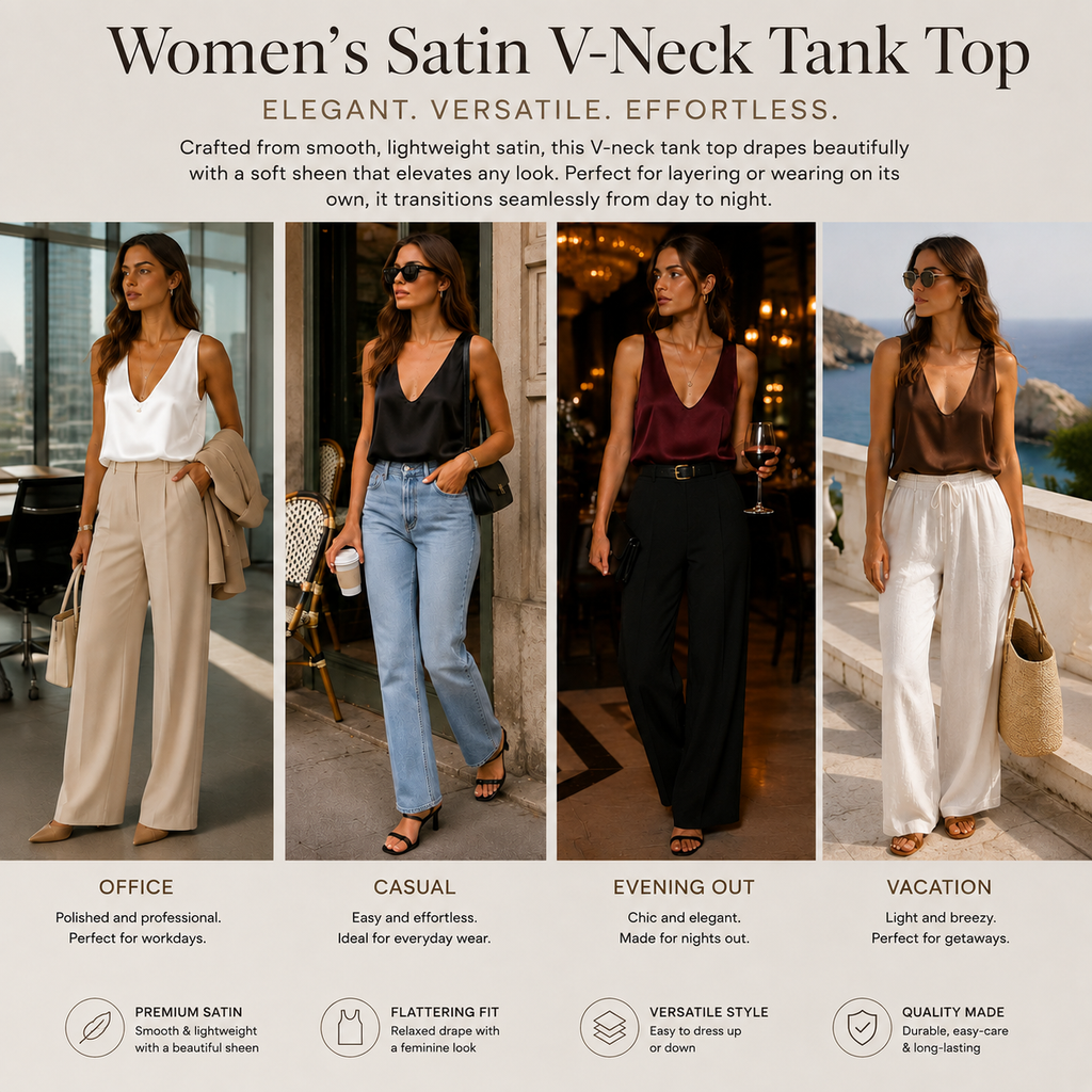 Women's Satin V-Neck Tank Top – Sleeveless Relaxed Fit