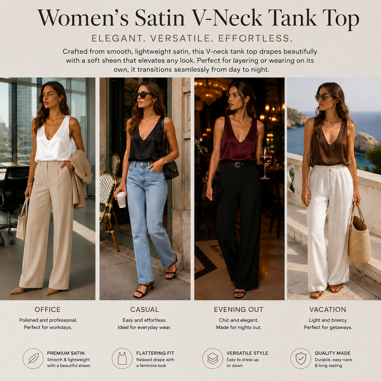 Women's Satin V-Neck Tank Top – Sleeveless Relaxed Fit