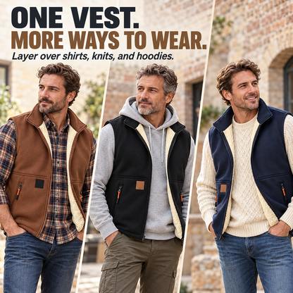 ❄️ Men’s Fleece-Lined Full-Zip Vest with Stand Collar & Zippered Pockets