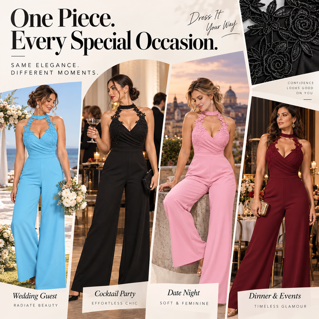 Floral Lace Halter Neck Wide-Leg Jumpsuit for Women | Evening Party & Wedding Guest