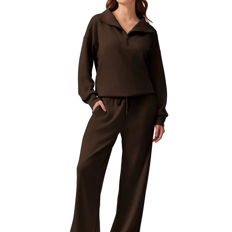Women’s Half-Zip Two-Piece Sweatsuit – Wide-Leg Lounge Set