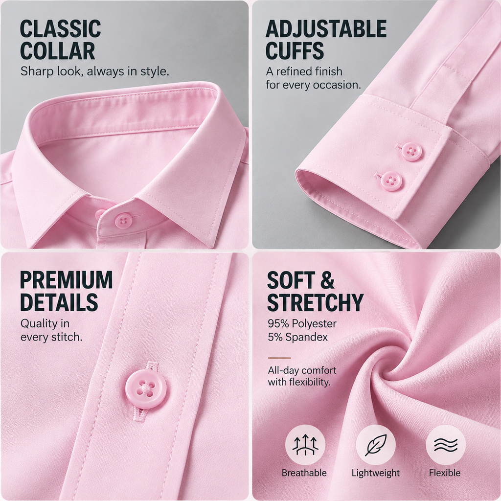 Men's Stretch Dress Shirt - Wrinkle-Resistant Long Sleeve Business Casual Button-Down