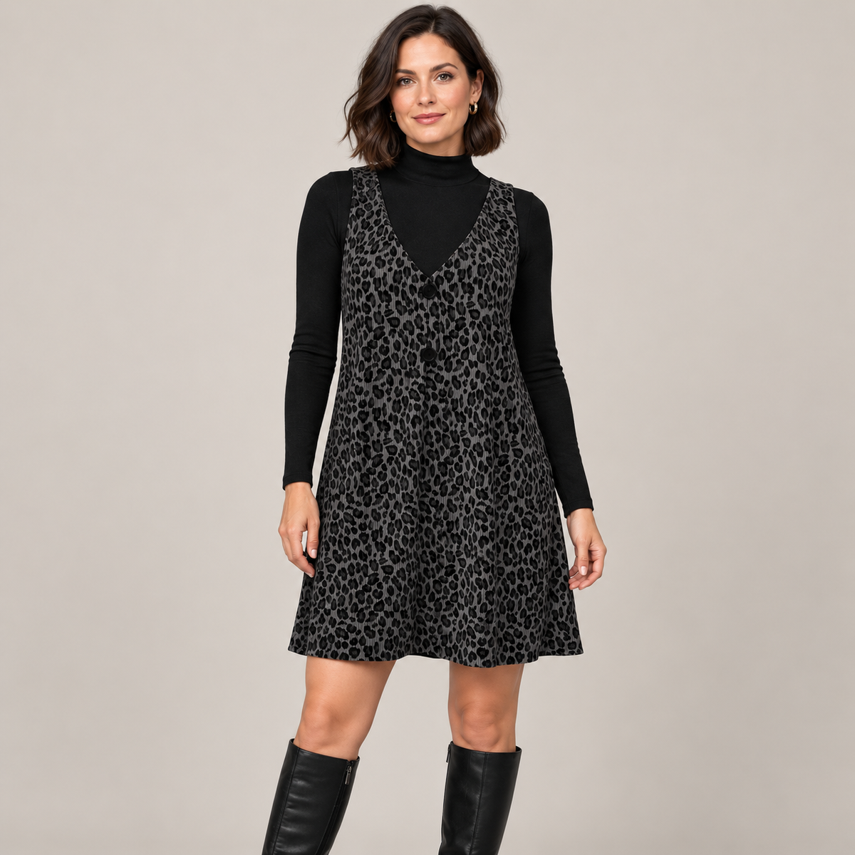 Women's Fall Leopard Print Two-Piece Layered Dress Set