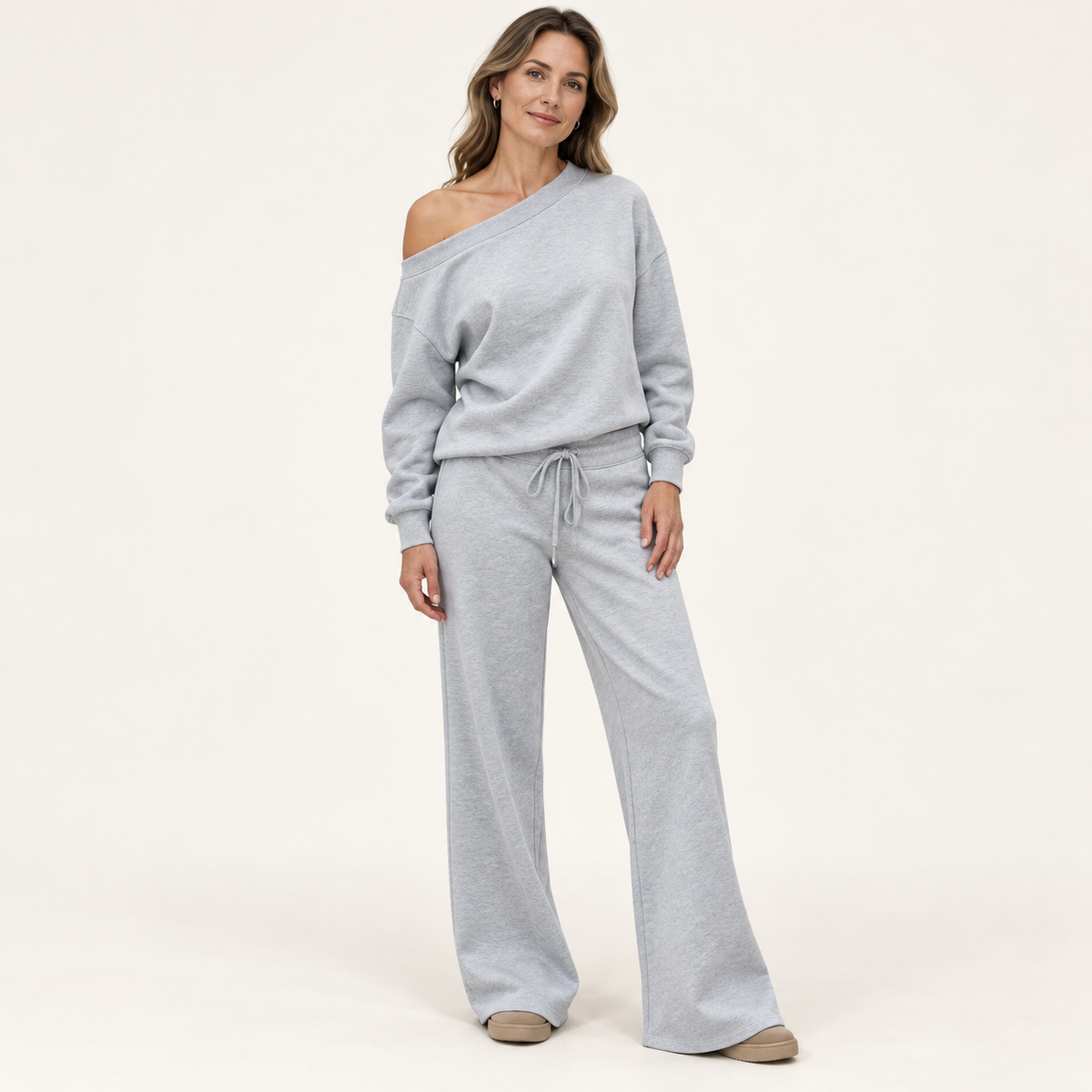 Women's 2-Piece Off-Shoulder Lounge Set – Wide Leg Pants & Sweatshirt