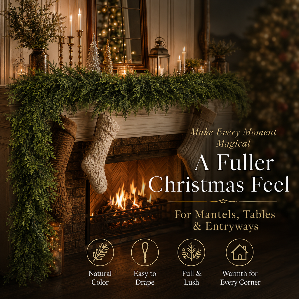 6ft Artificial Cedar Garland – Extra-Full Winter Greenery Pine Wreath