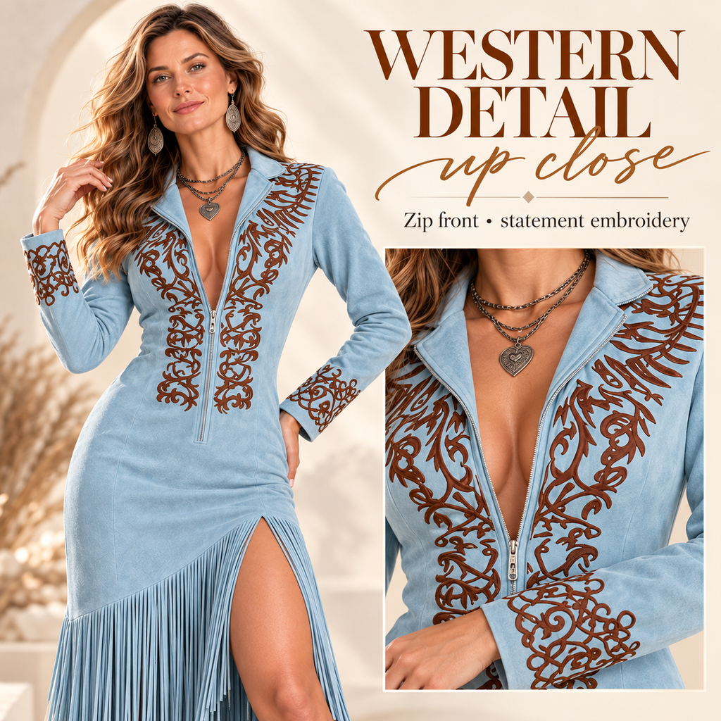 Women’s Western Fringe Maxi Dress – Embroidered Suede High-Slit Style