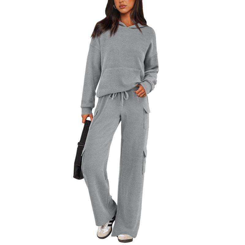 Women’s Soft Hooded Lounge Set with Wide-Leg Cargo Pants & Pockets