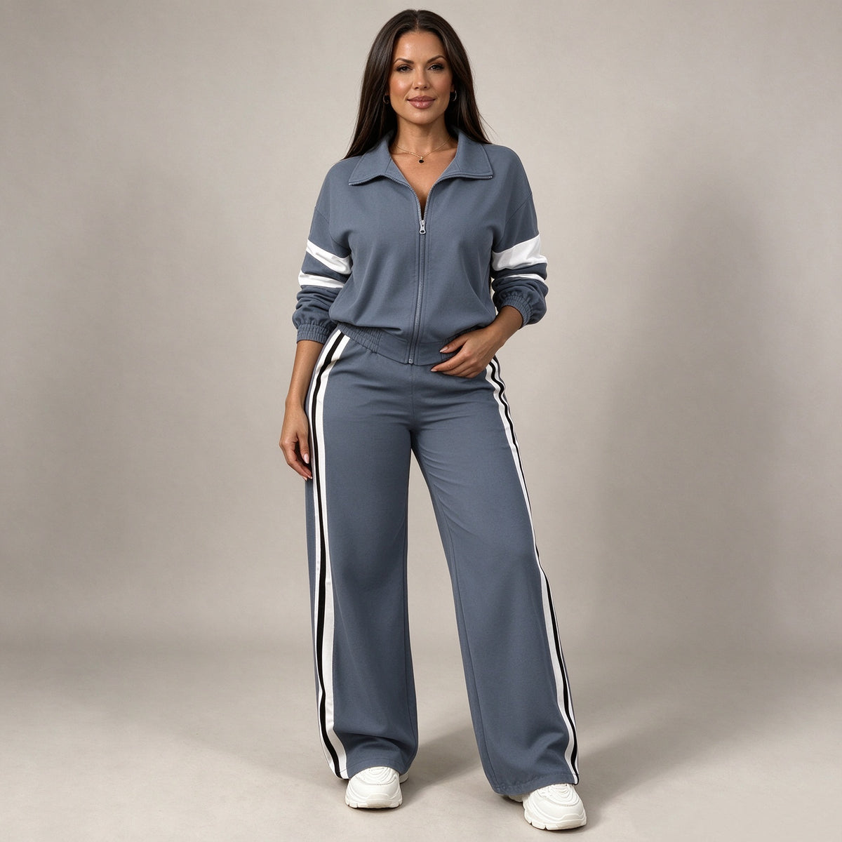 Women Striped 2-Piece Tracksuit Set Full Zip Jacket Wide Leg Pants Casual Outfit