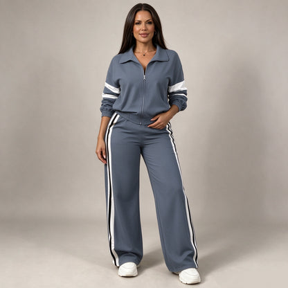 Women Striped 2-Piece Tracksuit Set Full Zip Jacket Wide Leg Pants Casual Outfit