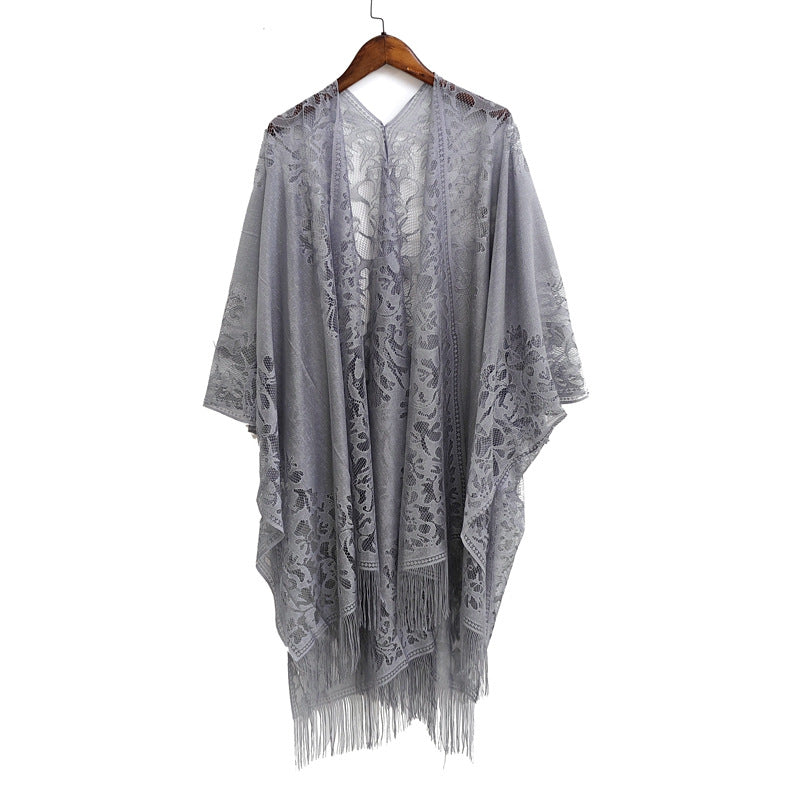 Elegant Floral Lace Kimono Wrap with Flowing Fringe | Evening & Wedding Shrug