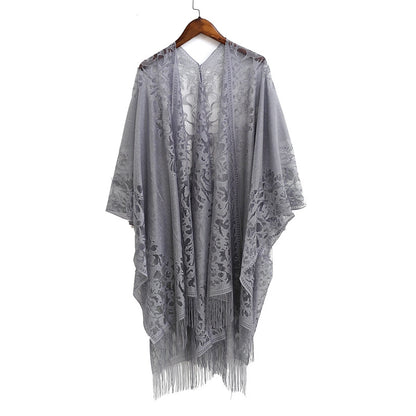Elegant Floral Lace Kimono Wrap with Flowing Fringe | Evening & Wedding Shrug