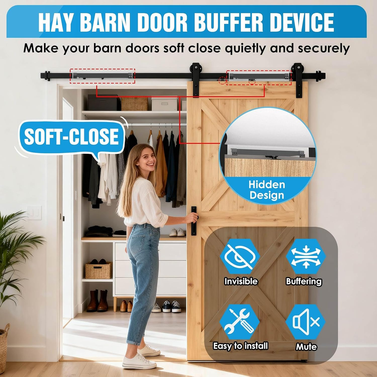 🚪Barn Door Soft Close Kit for 88-132 lbs Flat Track, Hidden Track-Mounted Damper🚪