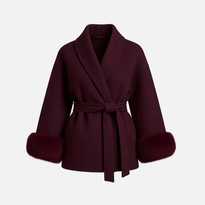 Women's Luxury Plush-Cuff Belted Wrap Coat | Elegant Fall & Winter Thermal Jacket