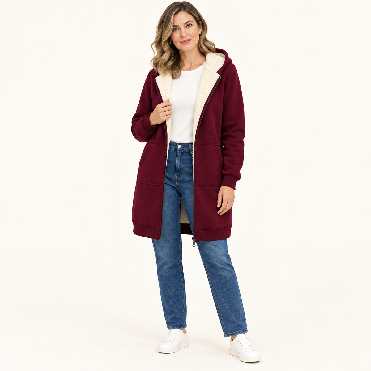 🧥 Cozy Days Sherpa-Lined Long Zip-Up Hoodie