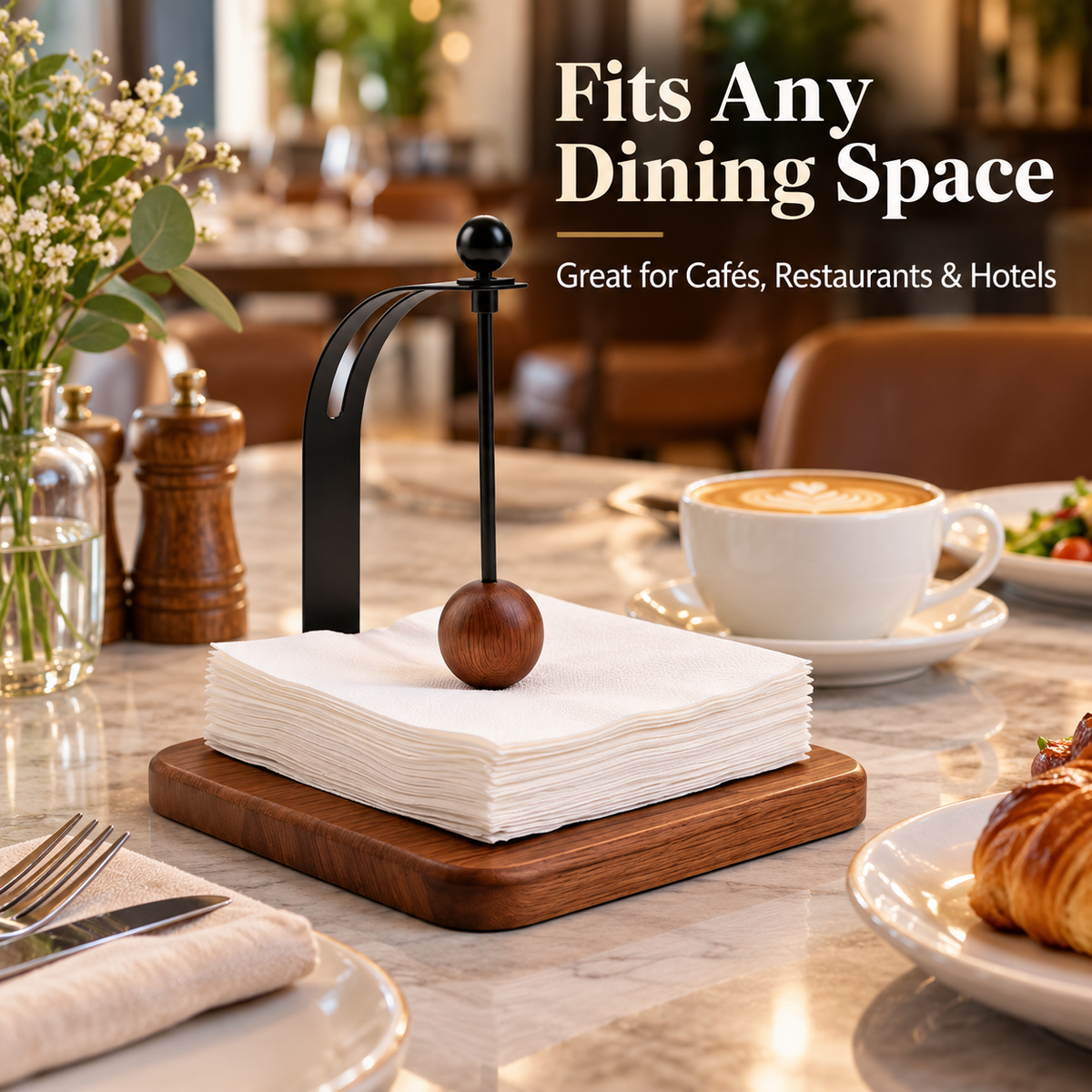 Modern Wood & Metal Napkin Holder with Weighted Arm