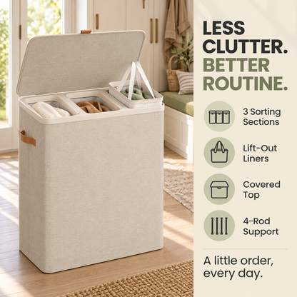 Large 3-Compartment Laundry Sorter with Lid