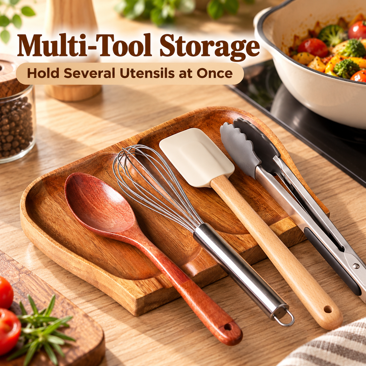 Acacia Wood Multi-Slot Utensil Rest – Countertop Spoon & Tool Holder